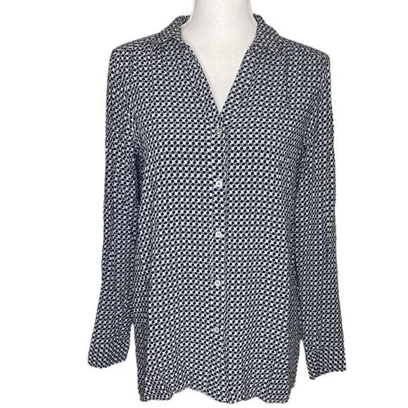 J Jill Sz XS Gray Black Geometric Design Long Sleeve Rayon Button Down Blouse - Picture 1 of 5